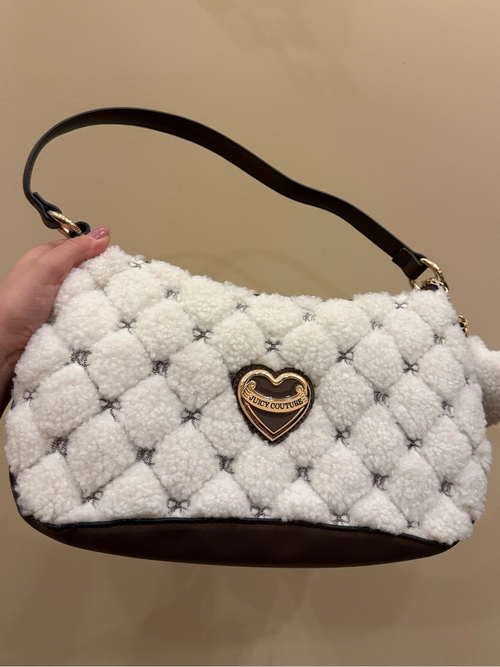 Juicy Couture Sherpa Cream White Brown Iced Coffee Shoulder Bag w/ Charms New